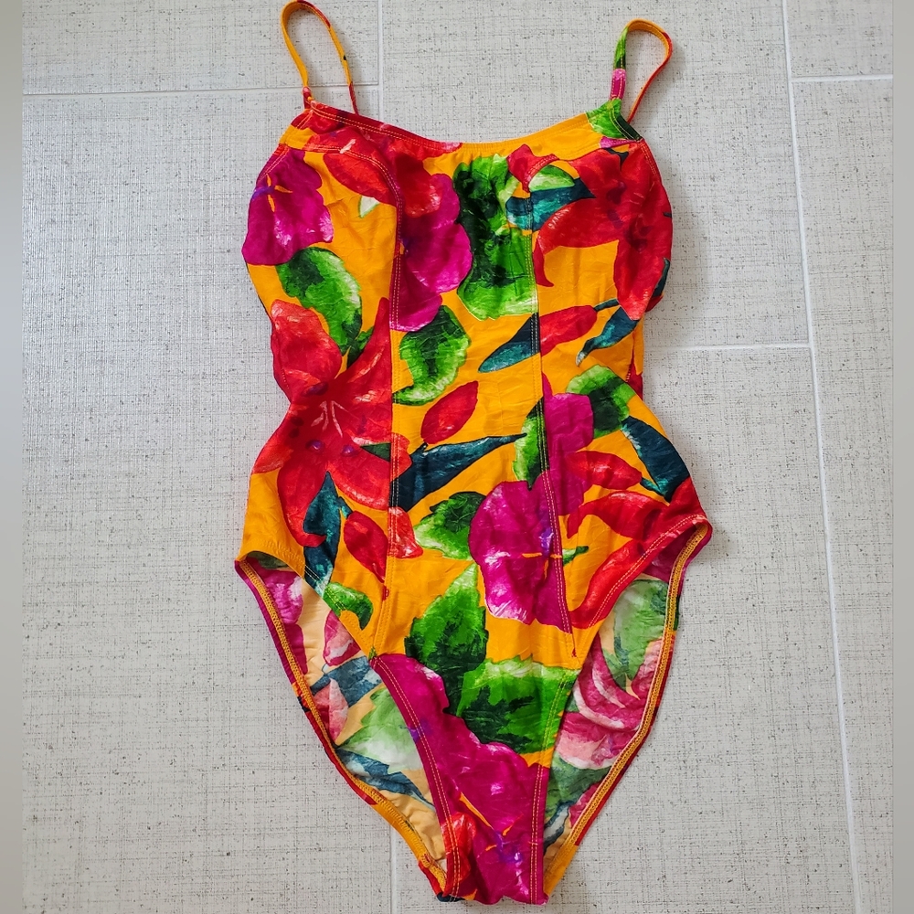 Vintage 80's Baja Blue 1 Pc Swimsuit Scoop Back VibrantTropical Floral 10 NEW!